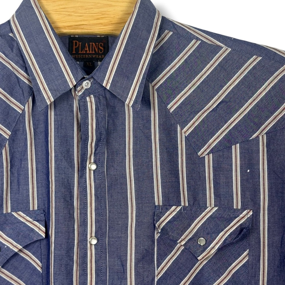 Plains Pearl Snap Button Up Shirt Mens XL Blue Striped Cotton Blend Vintage